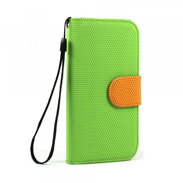 Wholesale Samsung Galaxy S4 Anti-Slip Flip Leather Wallet Case with Stand (Green-Orange)